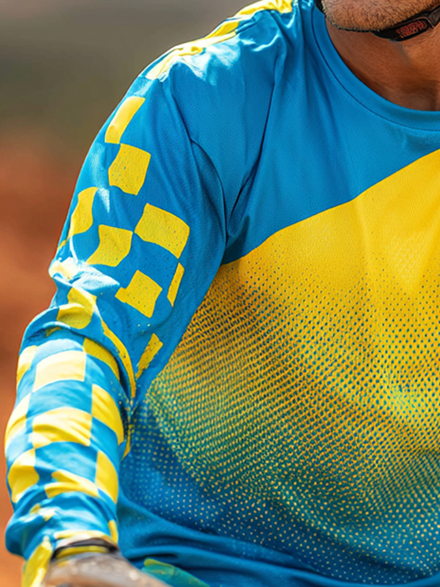 Men's Cool Breathable Blue-Yellow Checkerboard Motocross Jersey-SunSeaUp