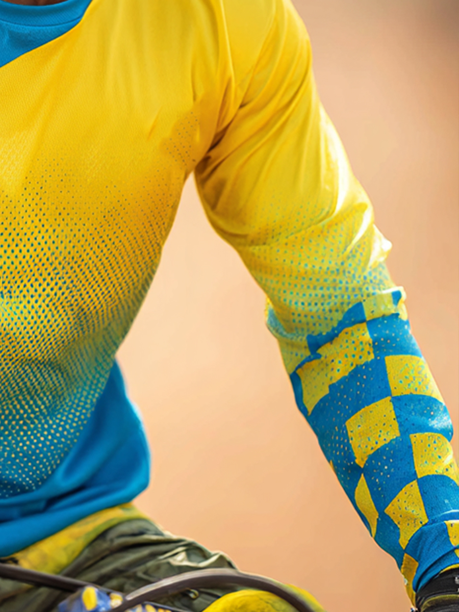 Men's Cool Breathable Blue-Yellow Checkerboard Motocross Jersey-SunSeaUp