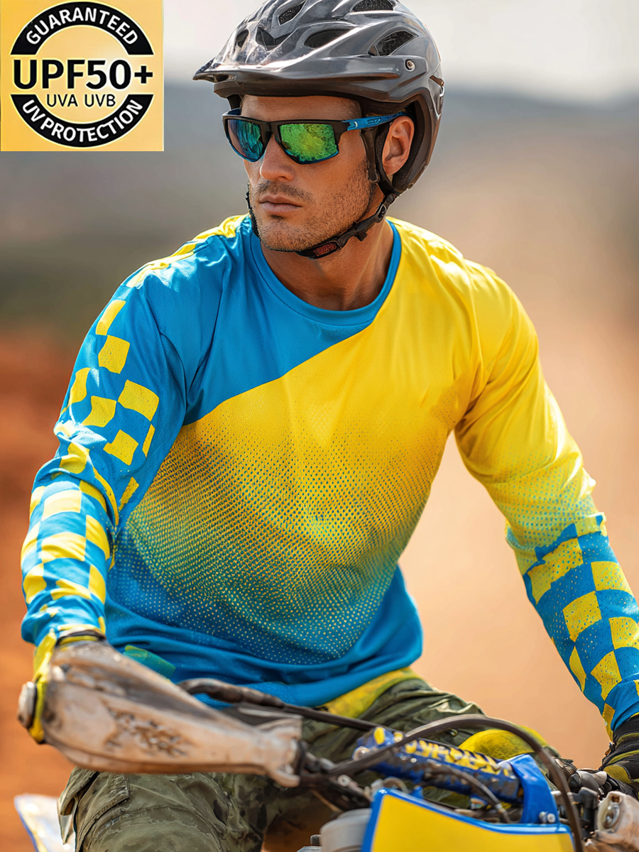 Men's Cool Breathable Blue-Yellow Checkerboard Motocross Jersey-SunSeaUp