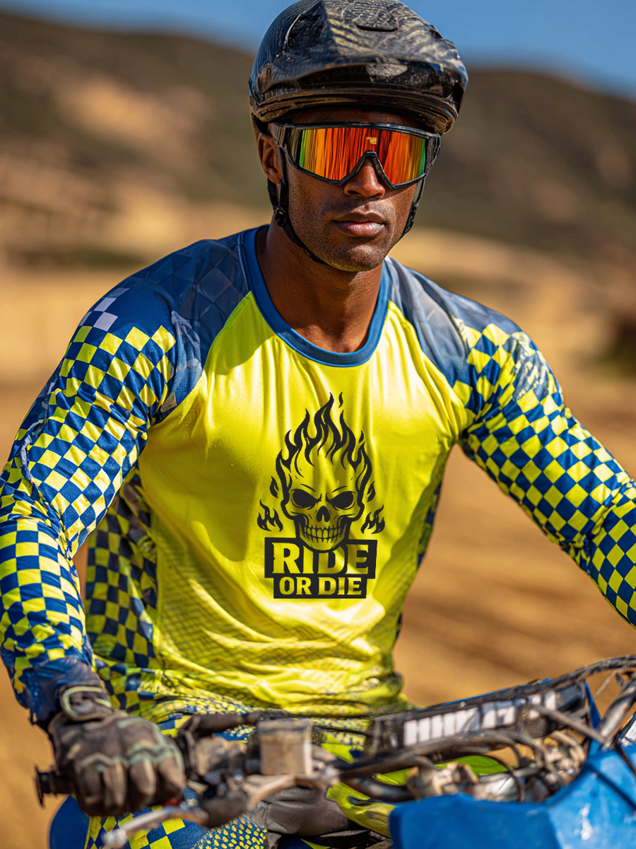 Men's "Ride or Die" Flame Skull Print Cool Breathable Checkerboard Motocross Jersey-SunSeaUp