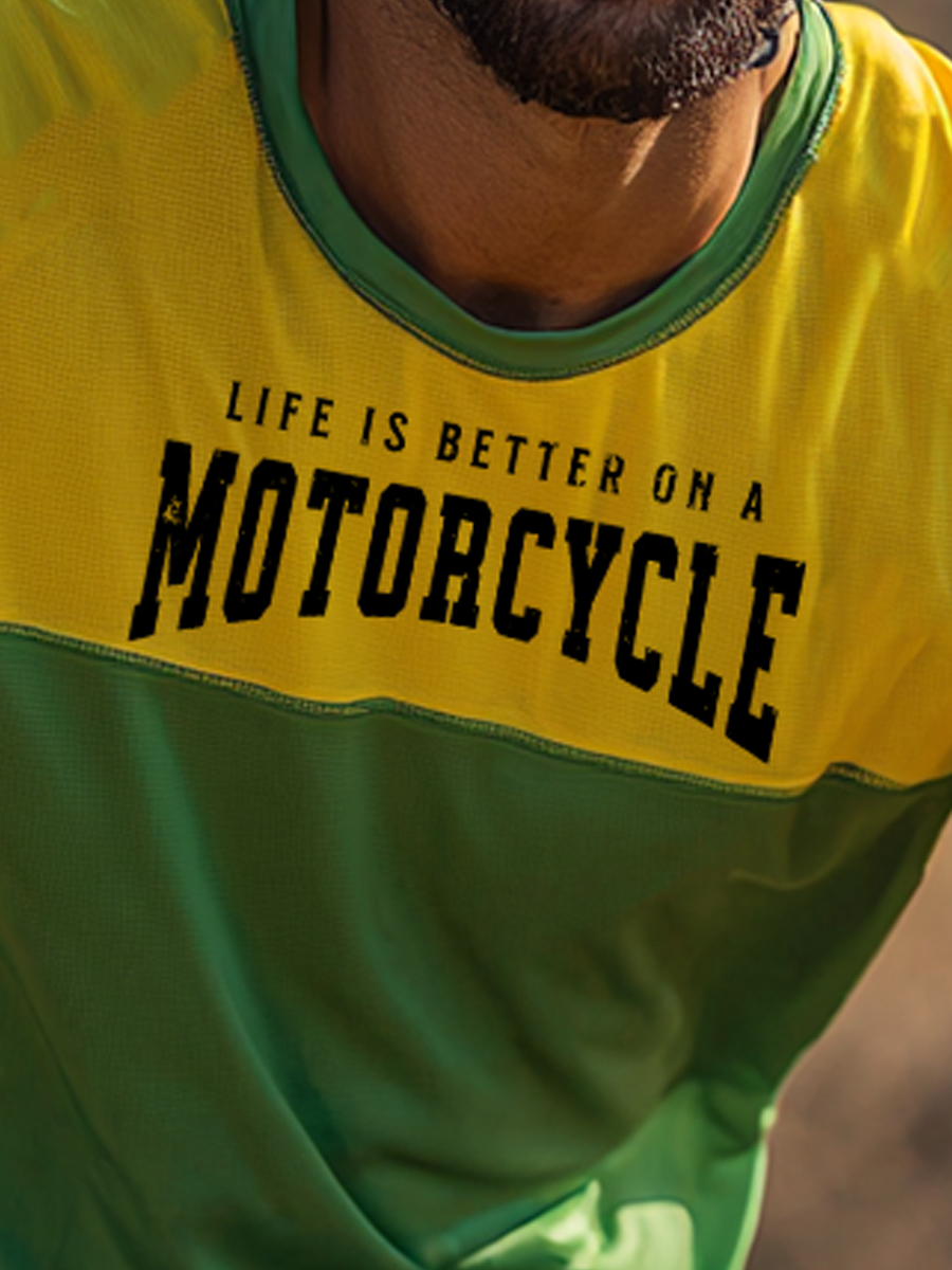 Men's "Life Is Better On A Motorcycle" Print Cool Breathable Color Block Motocross Jersey-SunSeaUp