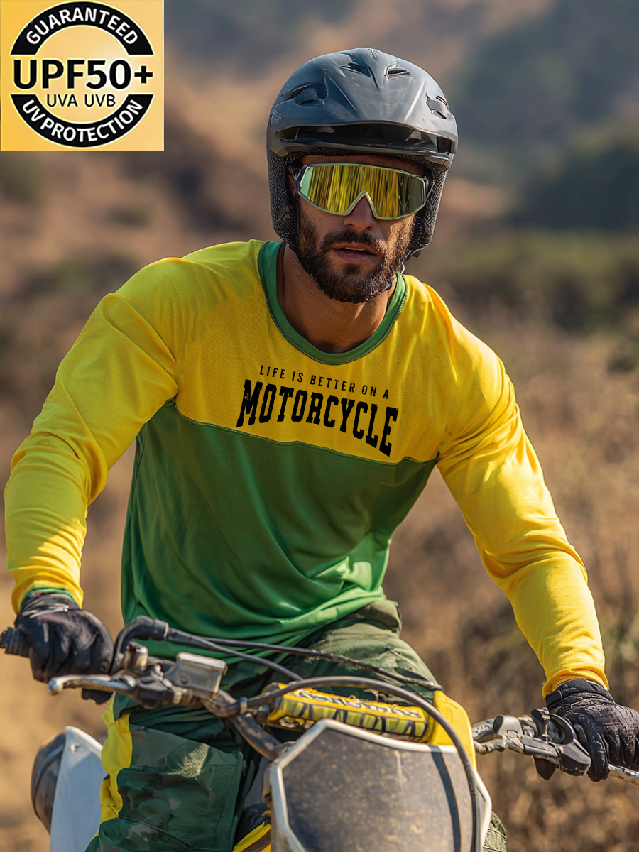 Men's "Life Is Better On A Motorcycle" Print Cool Breathable Color Block Motocross Jersey-SunSeaUp