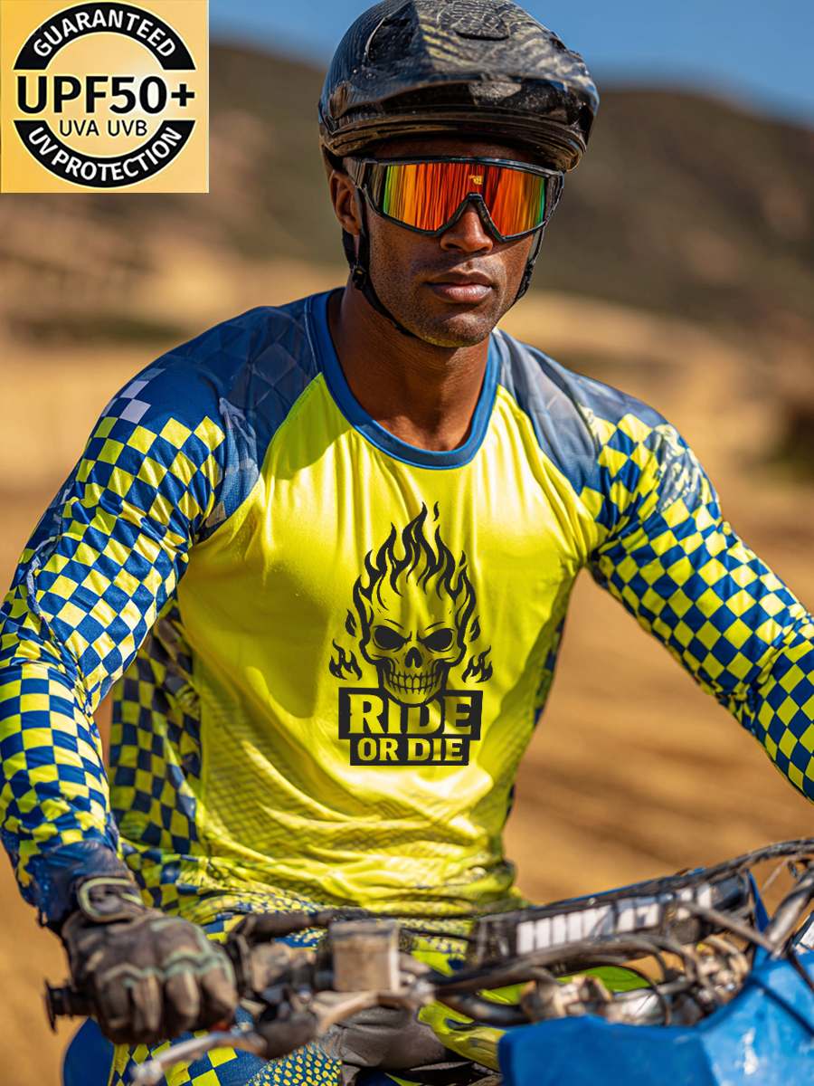 Men's "Ride or Die" Flame Skull Print Cool Breathable Checkerboard Motocross Jersey-SunSeaUp