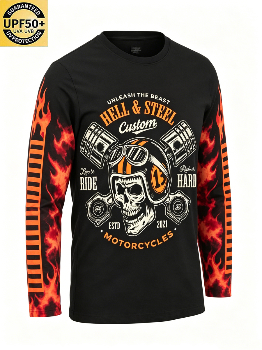 Men'S Retro Motorcycle Skull And Piston Crossbone Print T-Shirt-SunSeaUp