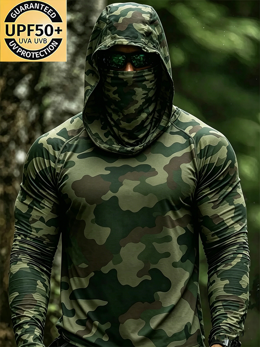 Men's Camouflage Print Cool Breathable UPF 50+ Hooded Sun Protection Jersey-SunSeaUp