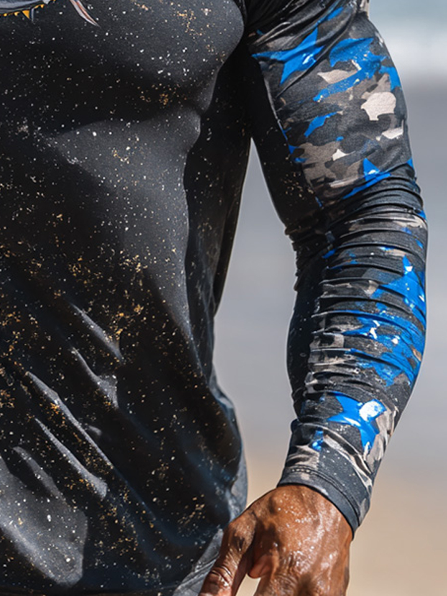 Men's Raglan Sleeve Finger Gloves Face Mask Color Matching Tuna Camo Print Sun Protection Hoodie-SunSeaUp