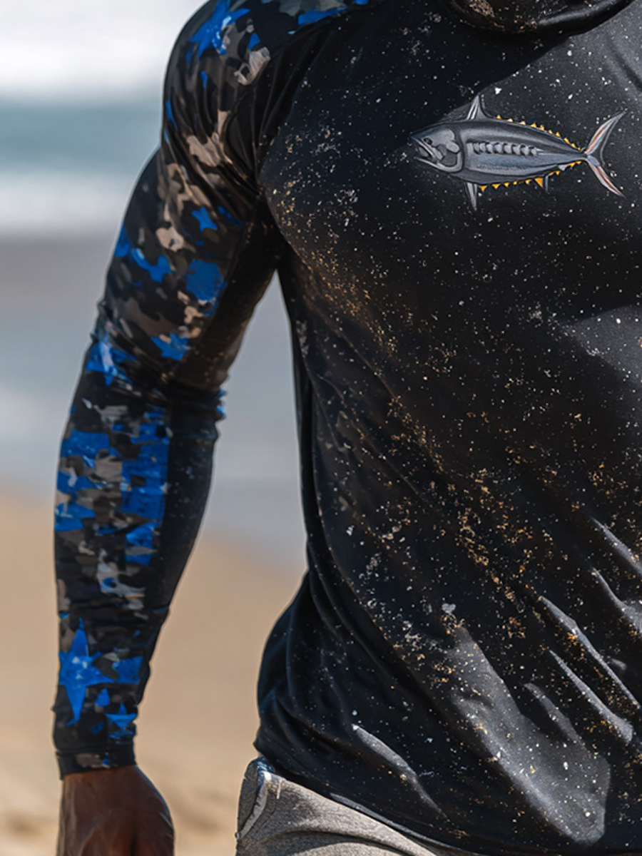 Men's Raglan Sleeve Finger Gloves Face Mask Color Matching Tuna Camo Print Sun Protection Hoodie-SunSeaUp