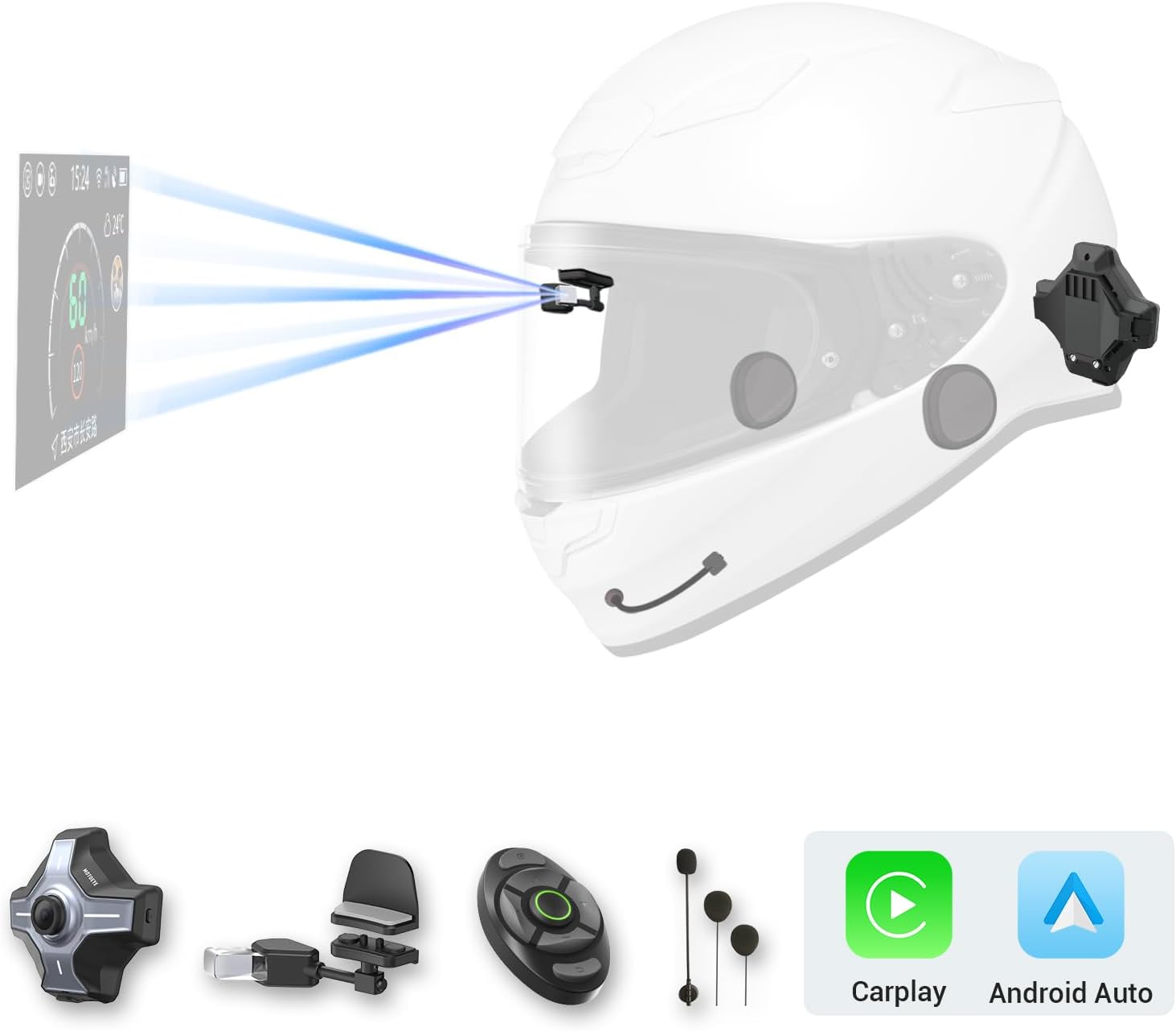 E6+ Motorkerékpár sisak HUD, Head-up kijelző, Bluetooth, GPS, CarPlay, Android Auto, Mesh Intercom, Tolatókamera, Távirányító, Zajcsökkentés, RGB lámpák, IP66 minden sisakhoz (E6+)