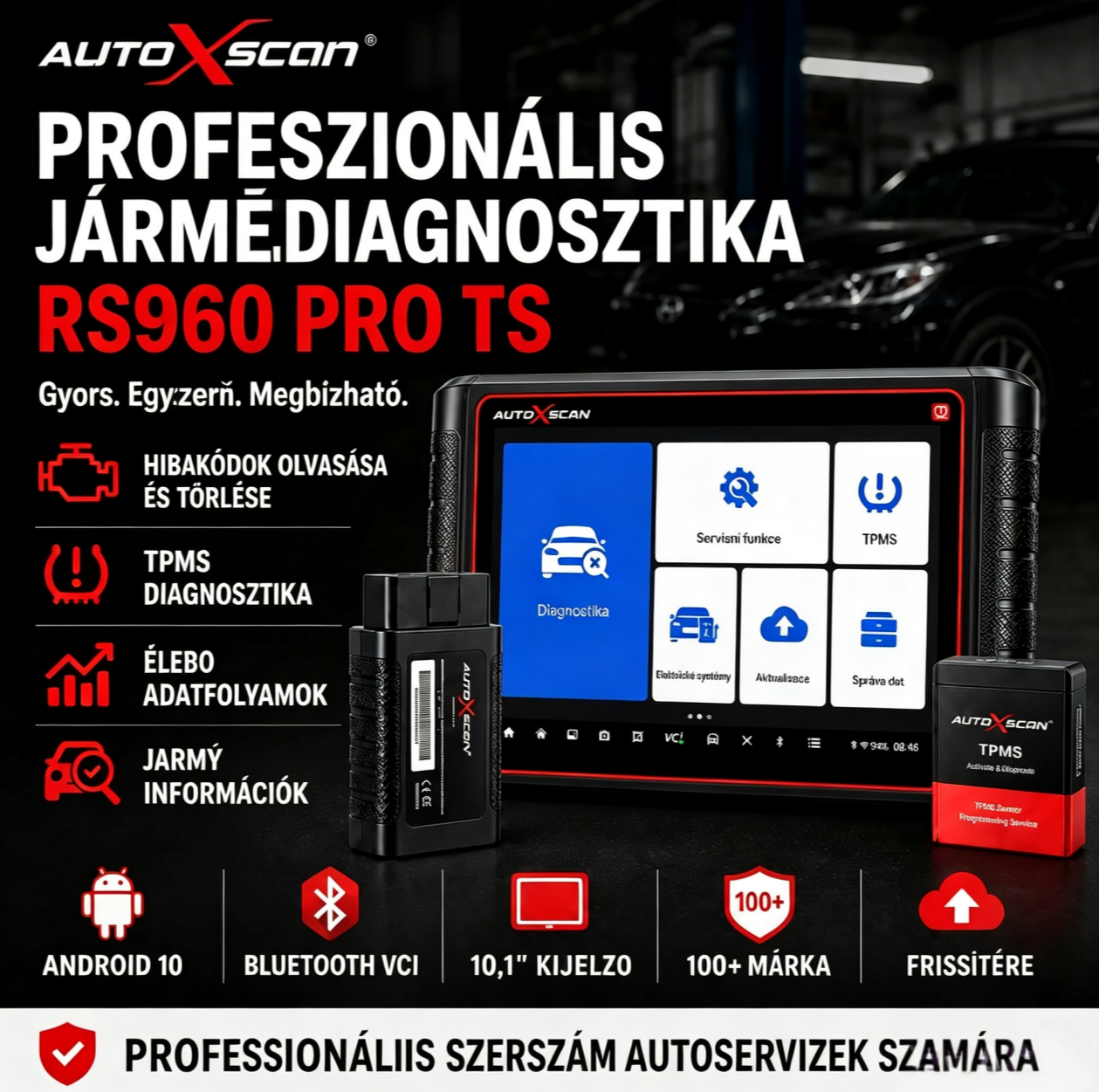 Az AUTOXSCAN RS960 PRO egy professzionális autóipari diagnosztikai eszköz, amely támogatja a teljes rendszerszkennelést, a hibaelemzést, valamint a TPMS diagnosztizálását és programozását, lehetővé téve a járművek gyors és pontos hibaelhárítását.