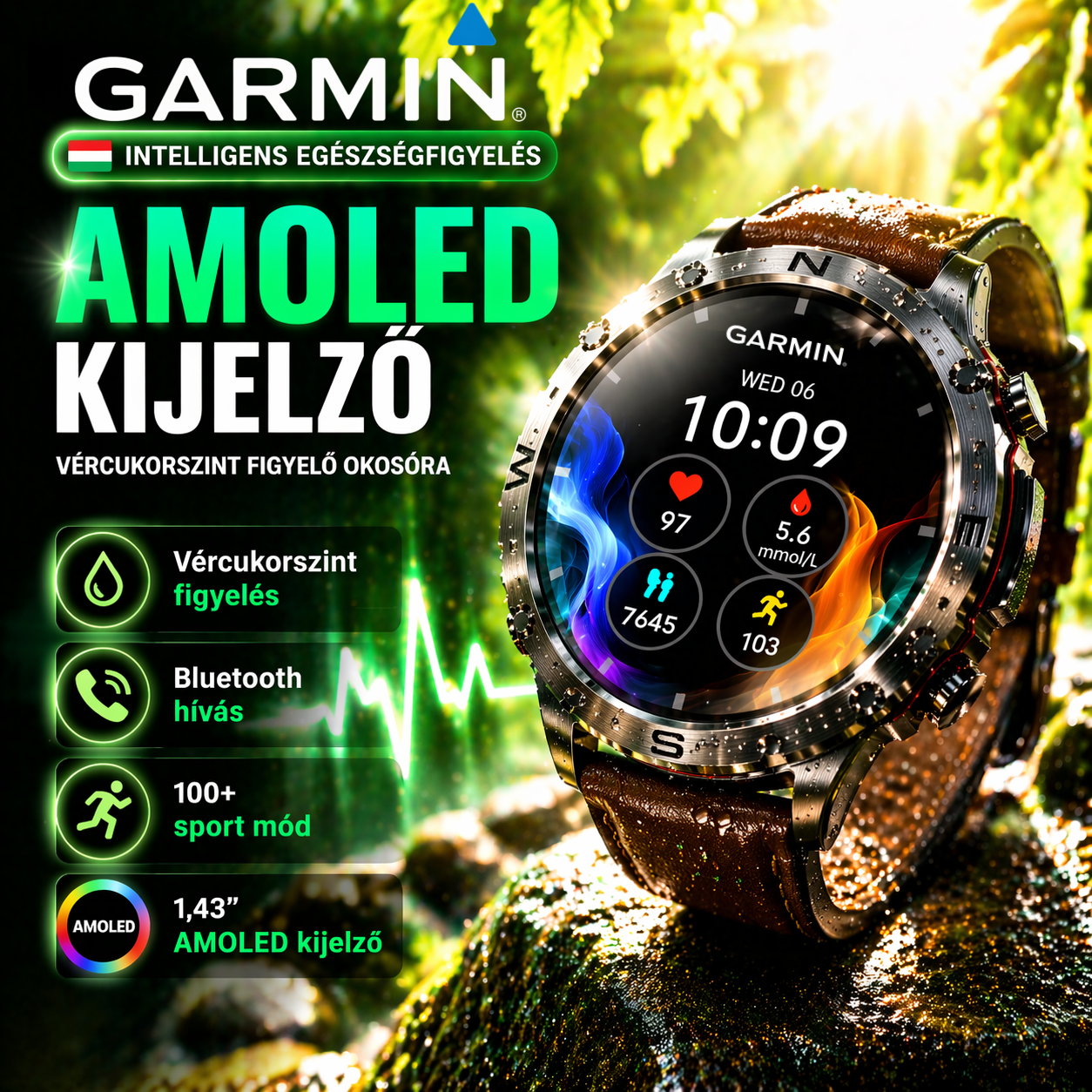 GARMIN Stílusú AMOLED Okosóra – Vércukorszint Figyelés, Bluetooth Hívás, 100+ Sport Mód