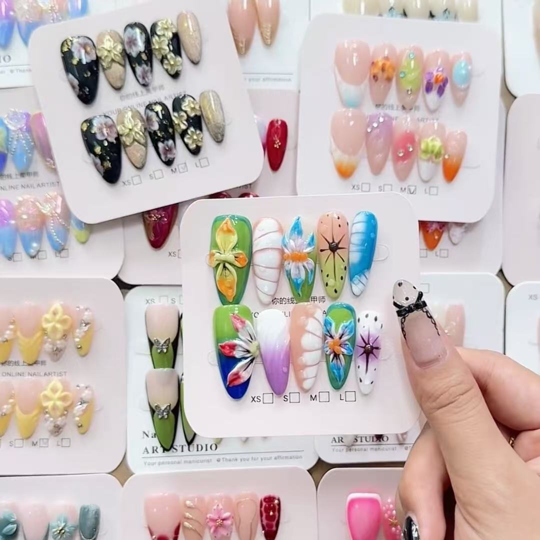 Hand Painted Cat Eye Floral Press On Nails