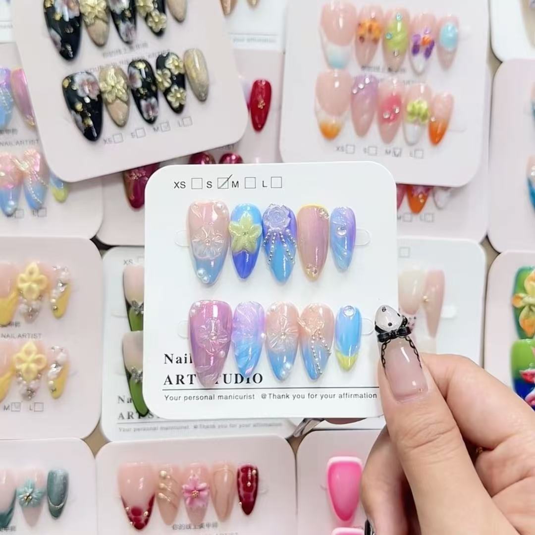 Hand Painted Cat Eye Floral Press On Nails