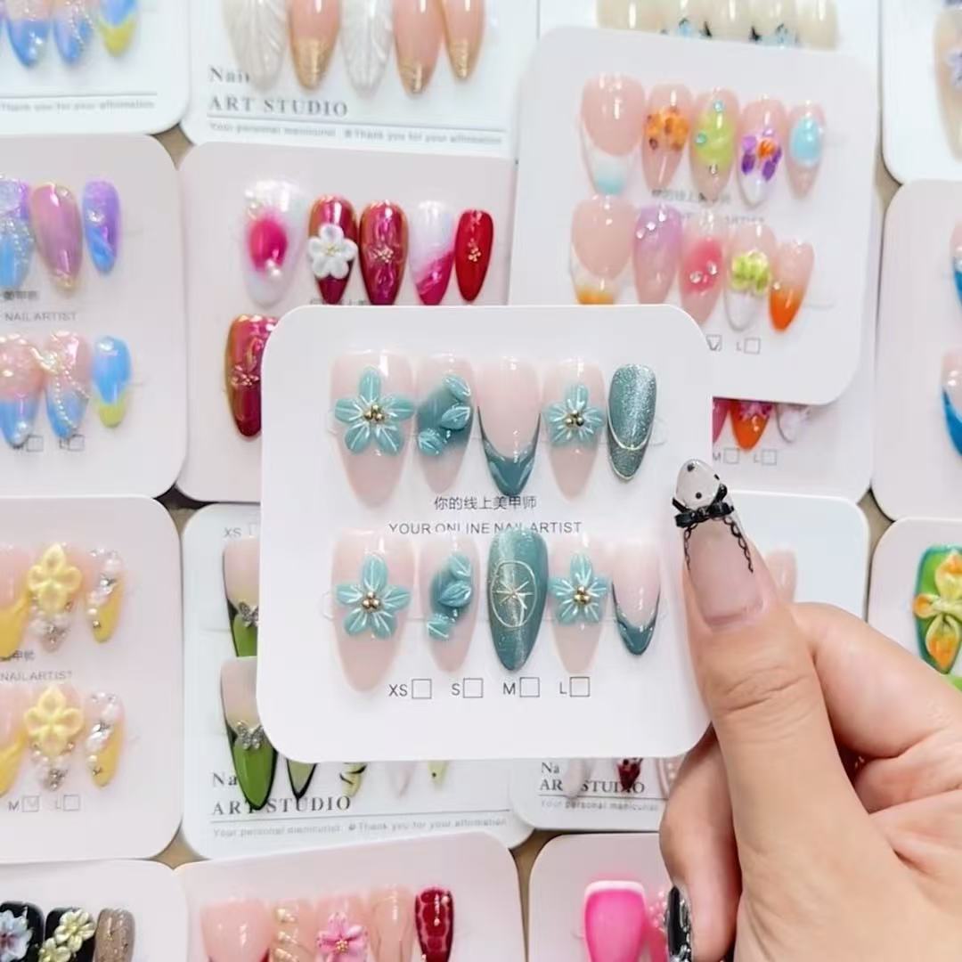 Hand Painted Cat Eye Floral Press On Nails