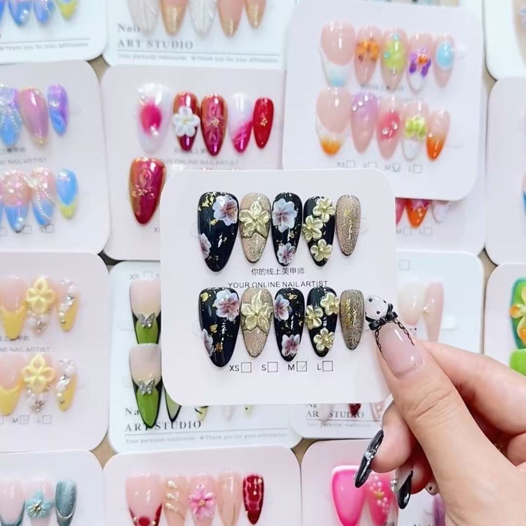 Hand Painted Cat Eye Floral Press On Nails
