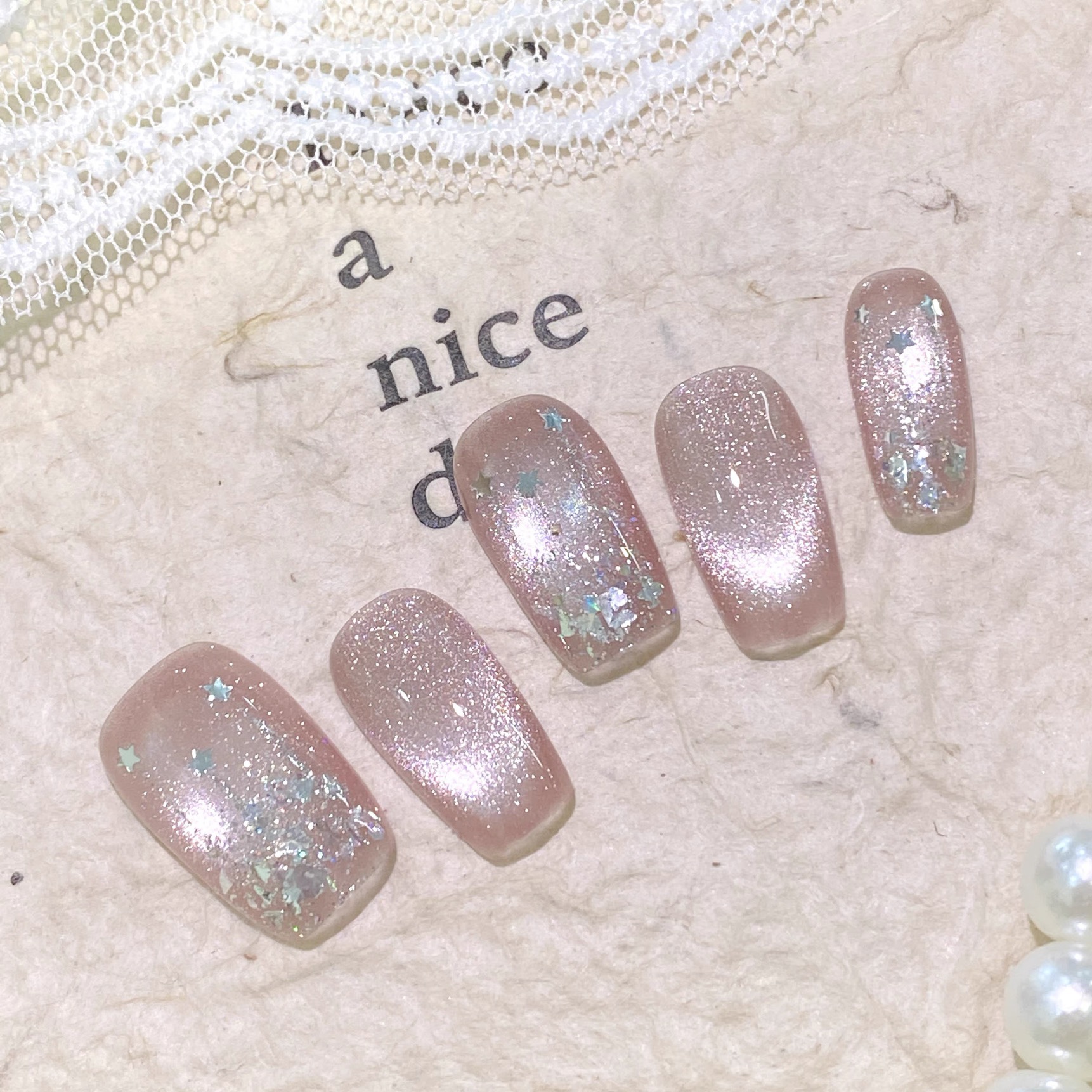 Moonlight Blush Star Flakes Shimmer Cat Eye Custom Wearable Nails