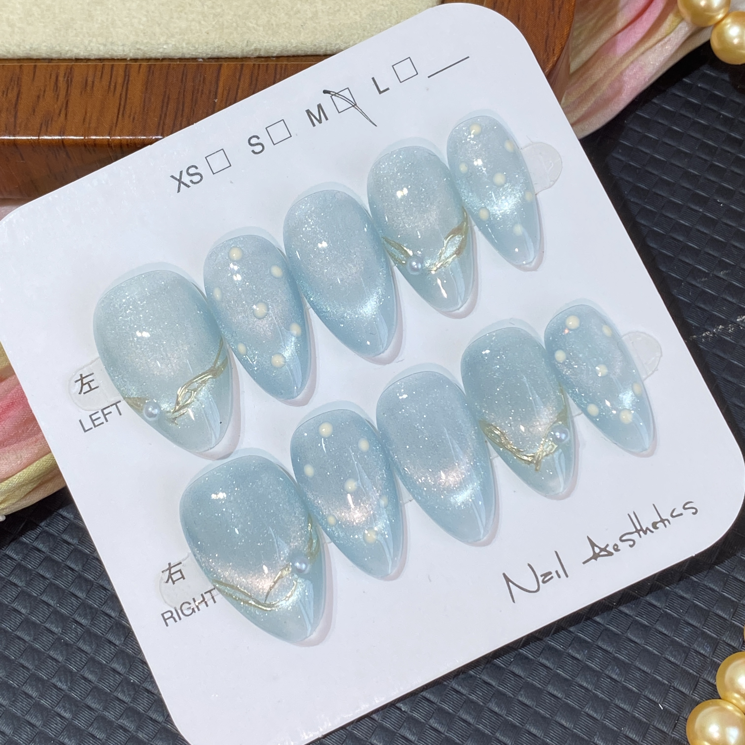 Light Blue Cat Eye Pearl Chain Handmade Press On Nails