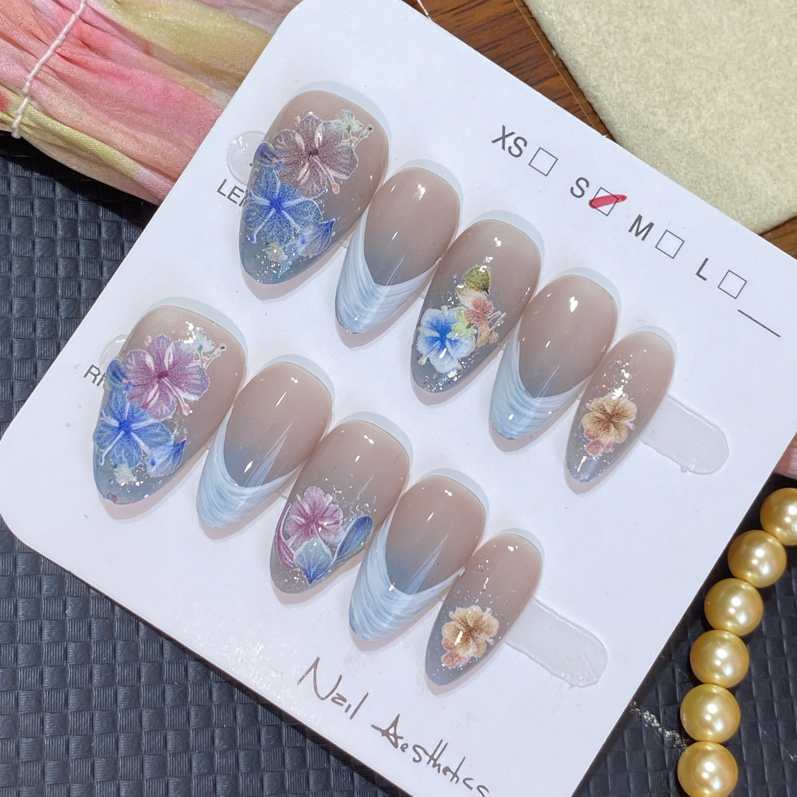 Water Ripple French Floral Handmade Press On Nails