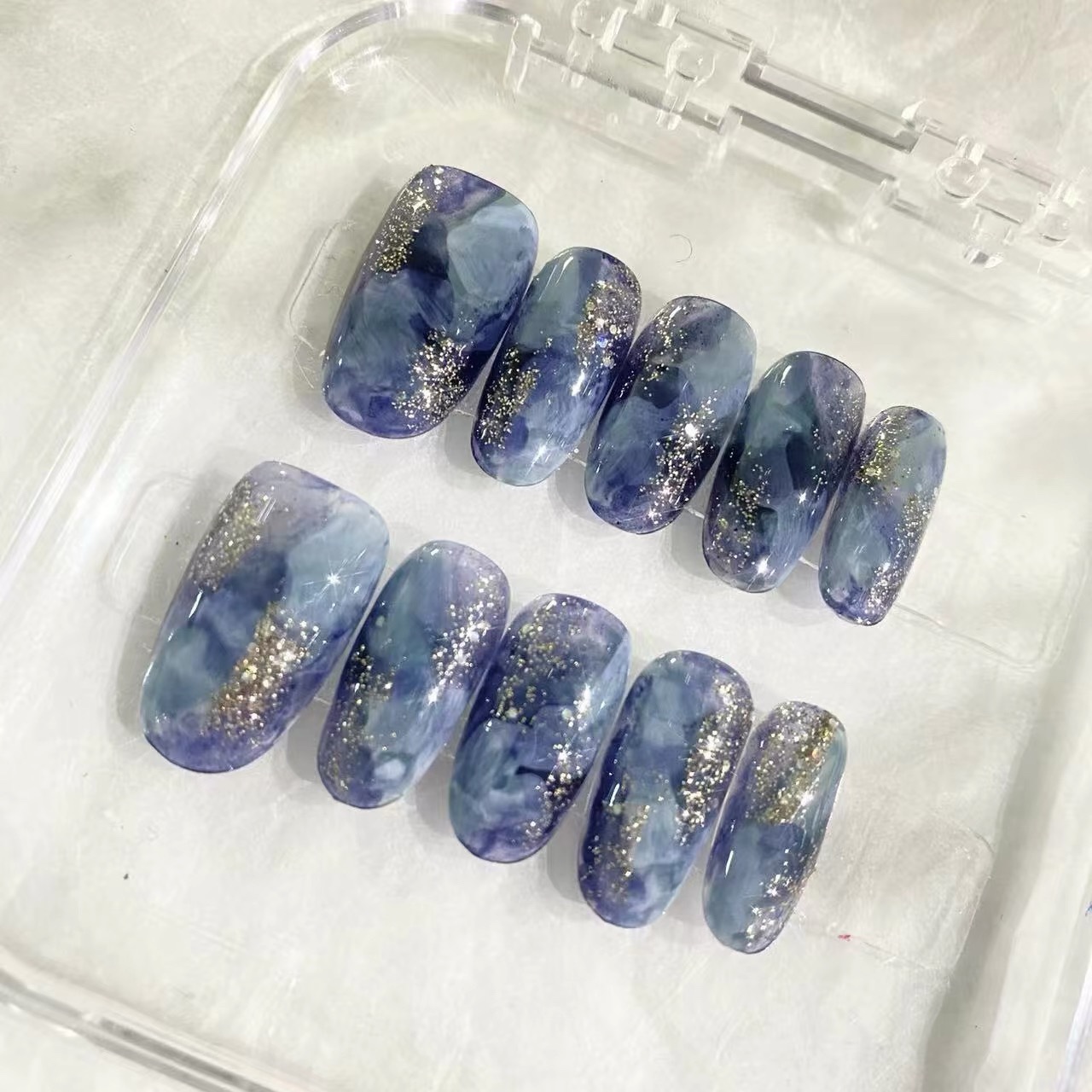 纯手工穿戴甲蓝色系小短甲假指甲贴显白晕染美甲片可拆卸