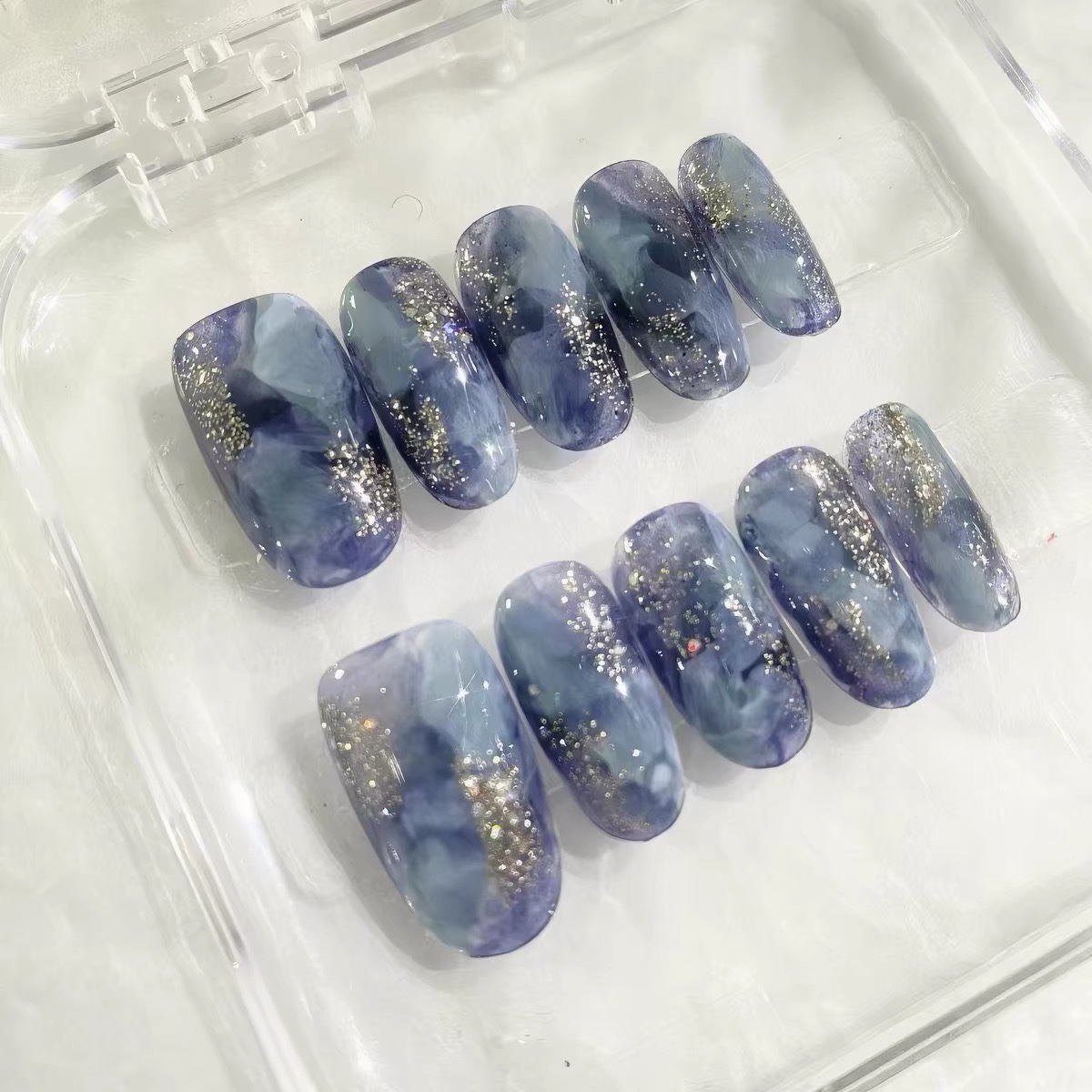 纯手工穿戴甲蓝色系小短甲假指甲贴显白晕染美甲片可拆卸
