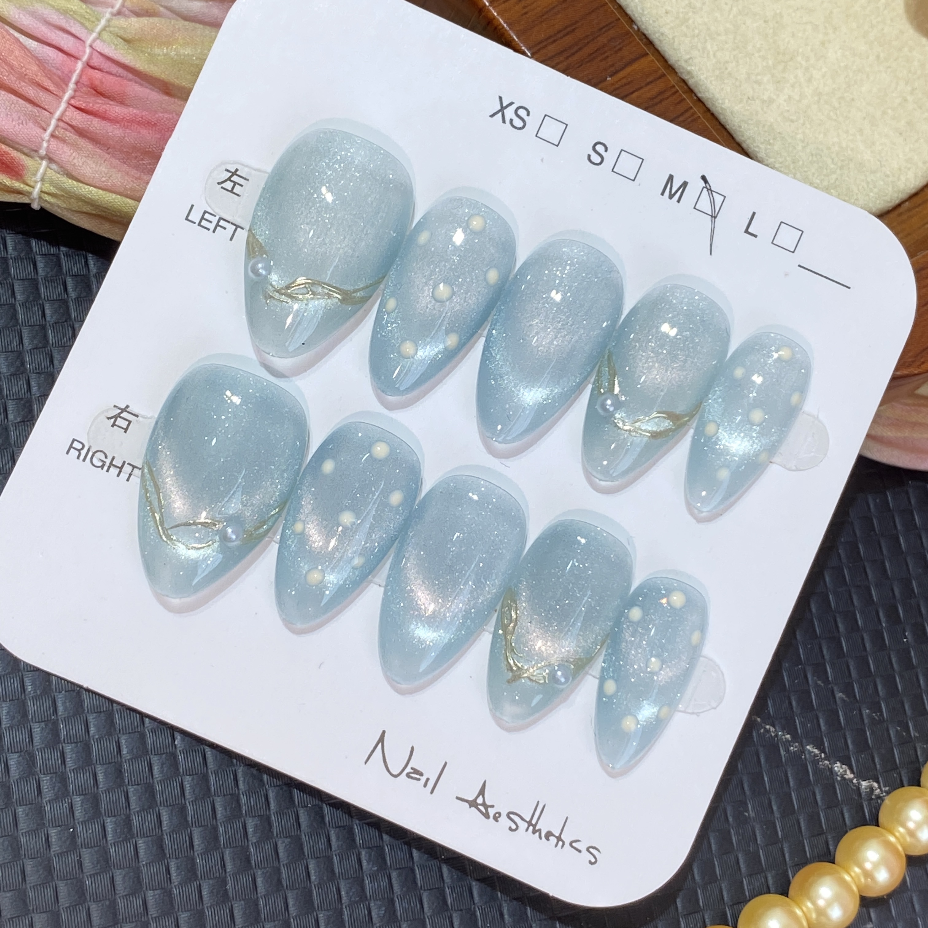 Light Blue Cat Eye Pearl Chain Handmade Press On Nails