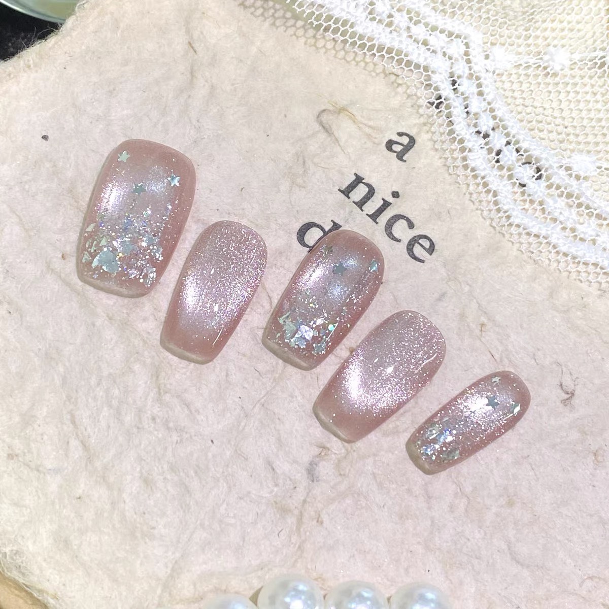 Moonlight Blush Star Flakes Shimmer Cat Eye Custom Wearable Nails