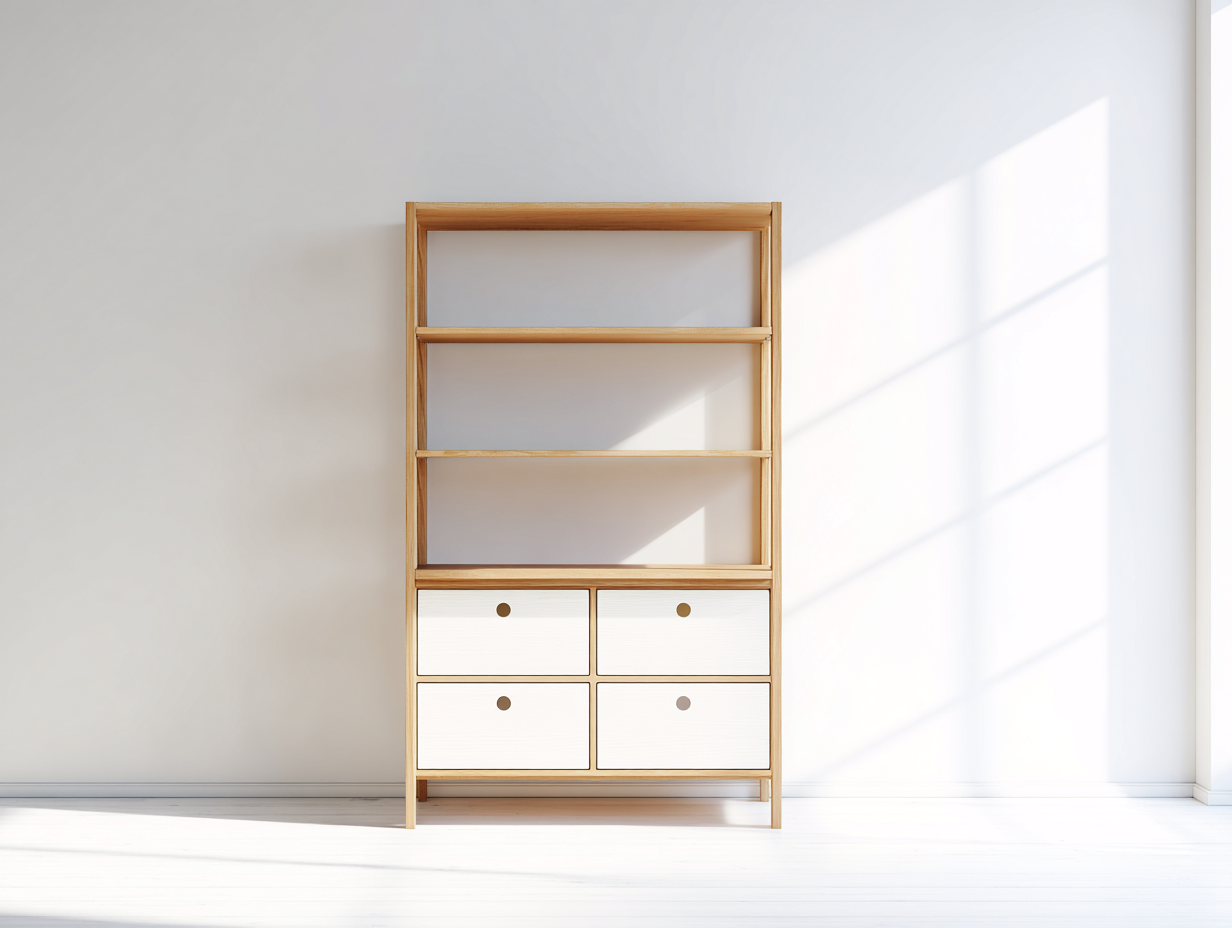 Librerie-Legno-84x34x162 cm-bianco-legno naturale-design moderno con cassetti-Lizolyhaven
