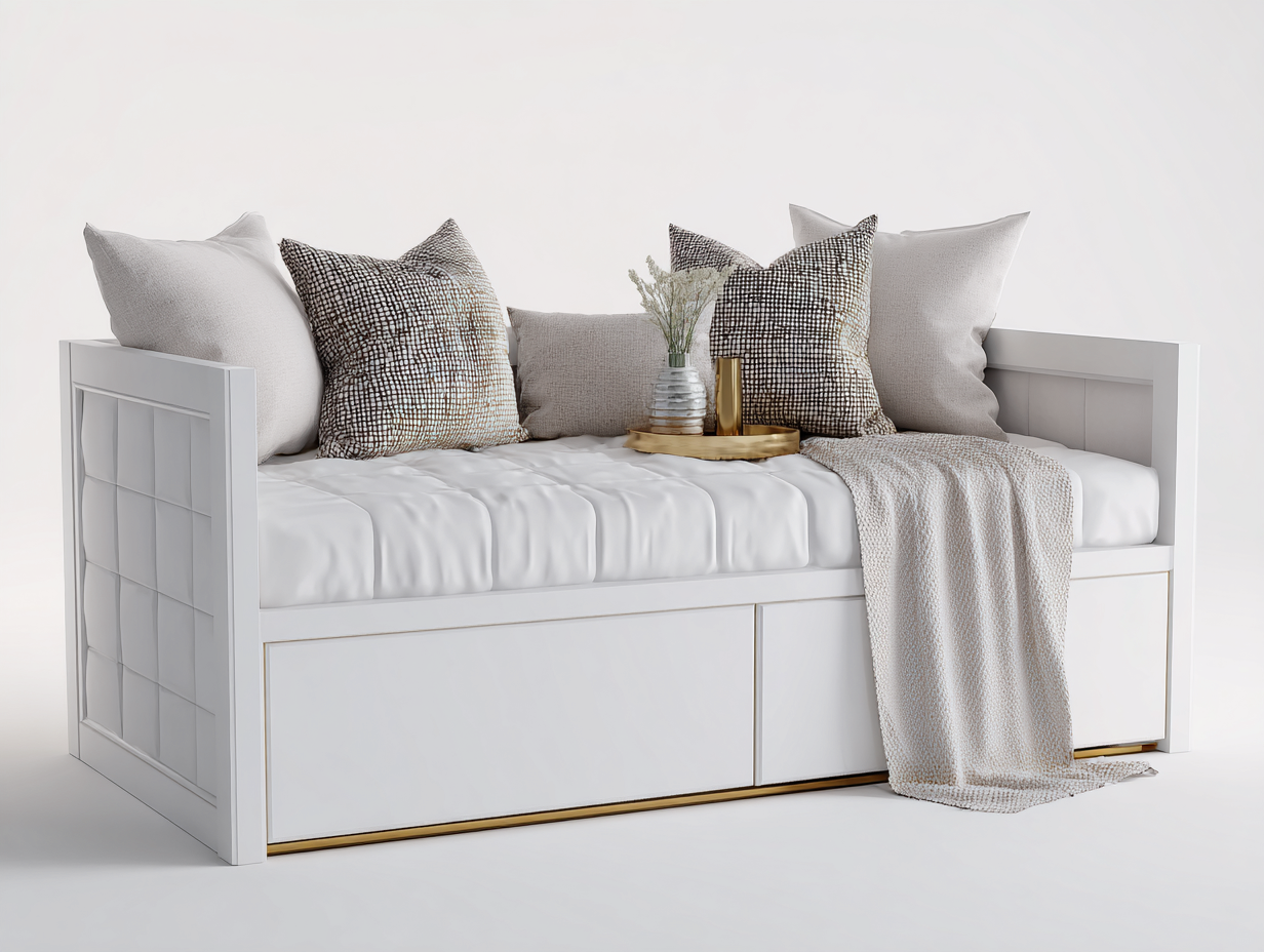 Divano letto - legno-tessuto - 214x92x84 cm - bianco-beige - moderno-Lizolyhaven