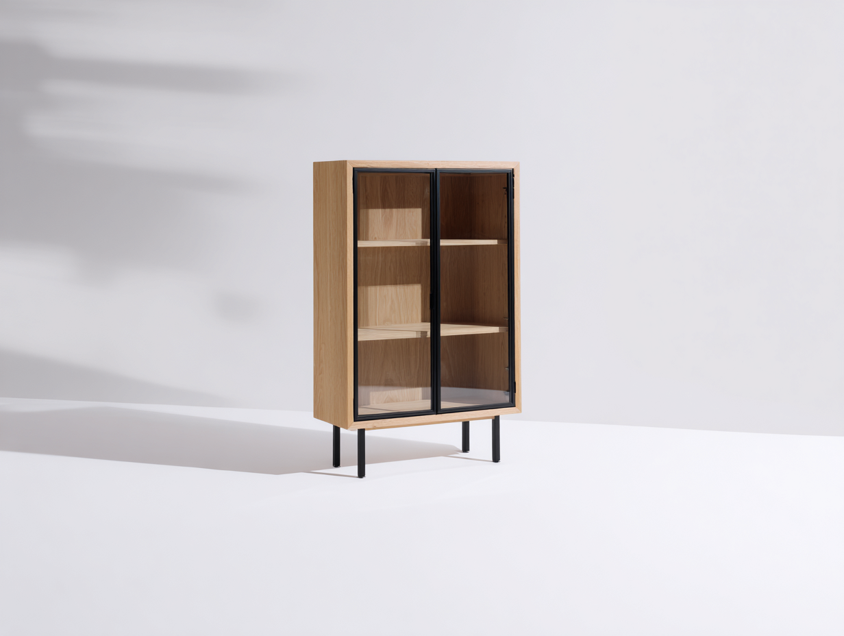 Librerie-Legno-vetro-metallo-78x34x126 cm-legno naturale-nero-design con ante in vetro-Lizolyhaven