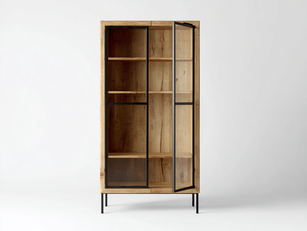 Librerie - legno-vetro-metallo - 92x38x198 cm - rovere naturale-nero - stile industriale moderno-Lizolyhaven