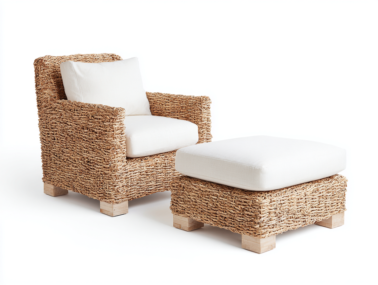 Poltrona da giardino - Rattan - Legno - 79 x 76 x 87 cm - Naturale-Crema - Stile contemporaneo-Minorhanest