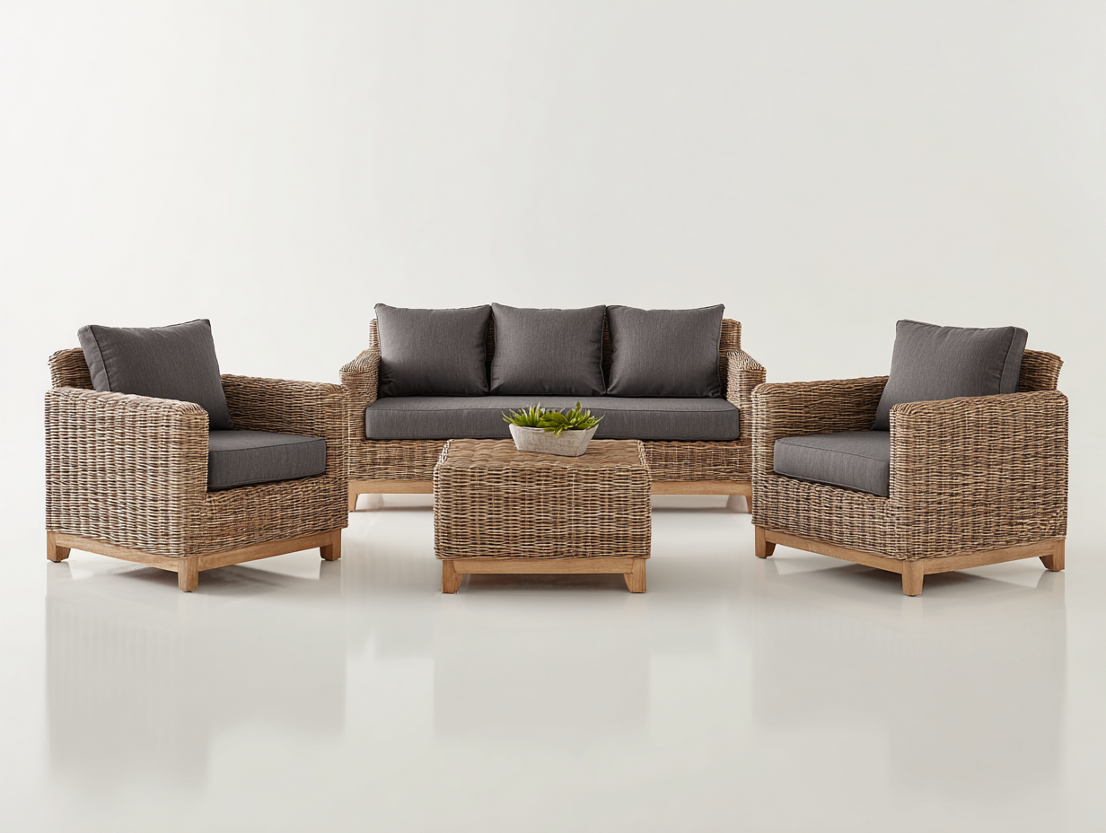 Divani da esterno - rattan-legno-tessuto - 210x76x78 cm - marrone naturale-grigio scuro - lounge naturale-Minorhanest
