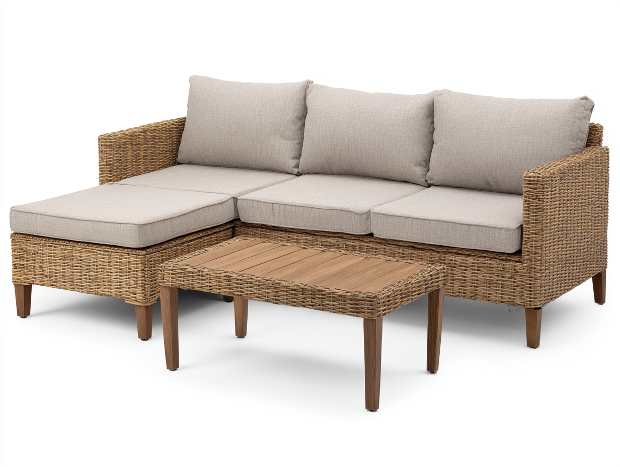 Divani da esterno - rattan-legno-tessuto - 232x158x76 cm - marrone naturale-beige - moderno lounge-Minorhanest