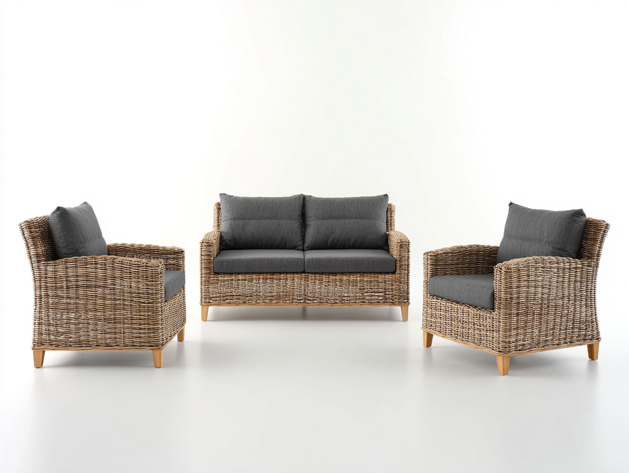 Divani da esterno - rattan-legno-tessuto - 145x76x78 cm - marrone naturale-grigio scuro - lounge naturale-Minorhanest