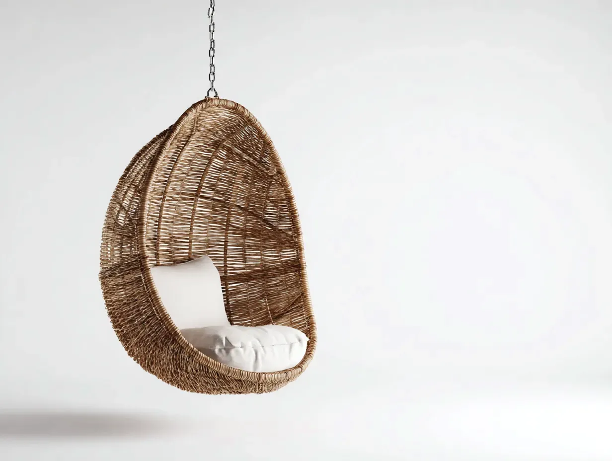 Hamaca colgante de mimbre 95x72x120 cm - natural y blanco roto - para exterior con cojín separado
