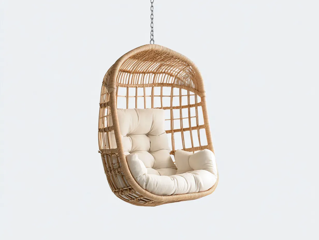 Hamaca colgante de mimbre 96x78x126 cm - natural y crema - para exterior con respaldo alto