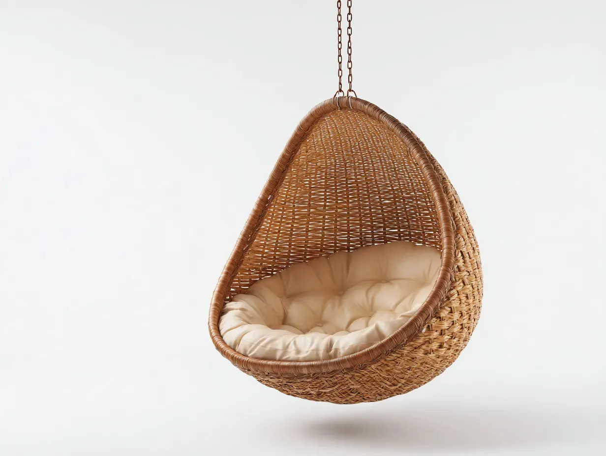 Hamaca colgante de ratán 106x78x128 cm - natural y beige - para exterior con cojín capitoné