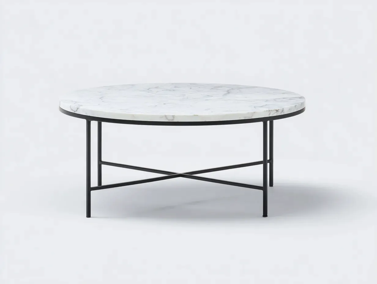 Mesa De Centro circular de mármol 92x92x44 cm - blanco y negro - para salón con base metálica cruzada
