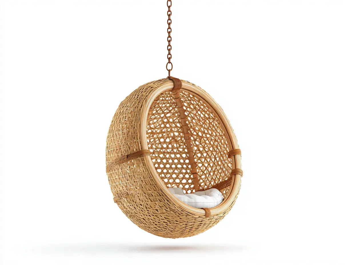 Hamaca colgante de mimbre 88x74x118 cm - natural y blanco roto - para exterior con asiento envolvente