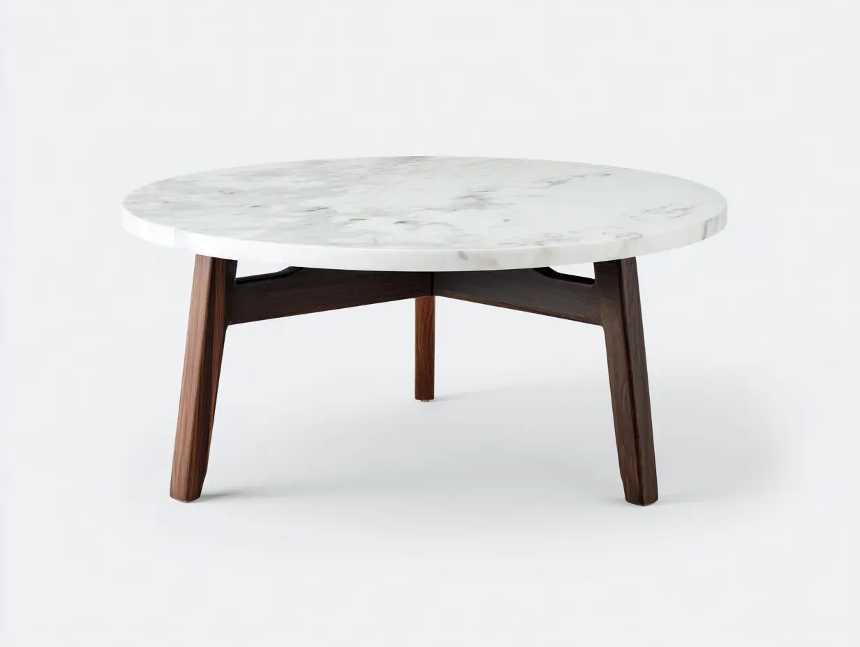 Mesa De Centro redonda con tablero de mármol 85x85x43 cm - blanco y marrón oscuro - para salón con patas inclinadas