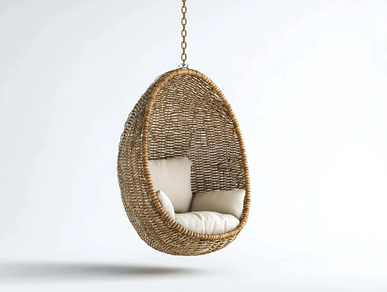 Hamaca colgante de mimbre 100x78x128 cm - natural y beige - para exterior con cojín acolchado