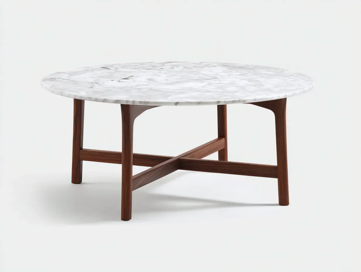 Mesa De Centro redonda con tablero de mármol 95x95x45 cm - blanco y marrón oscuro - para salón con base de madera