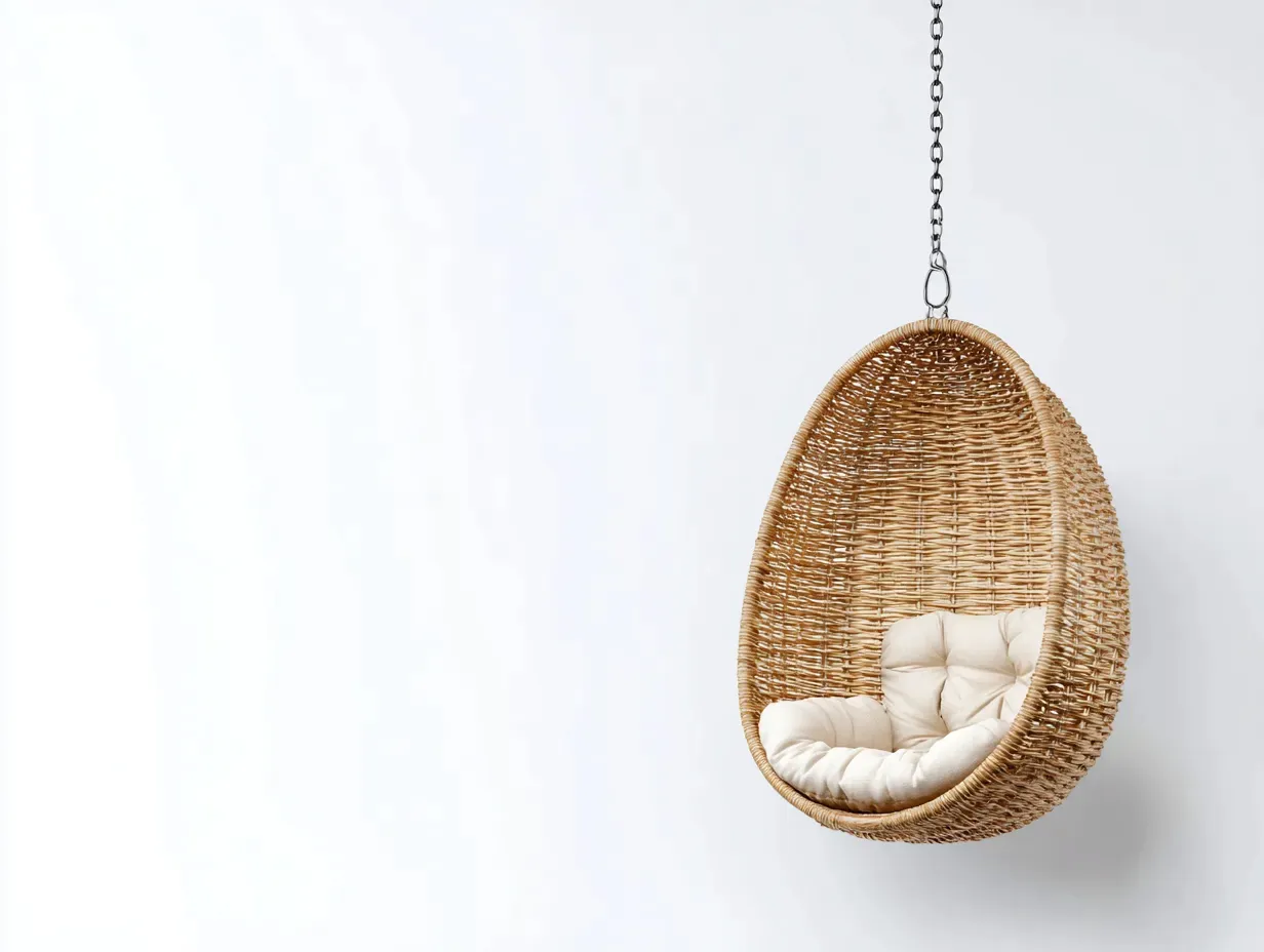 Hamaca colgante de ratán 100x74x124 cm - natural y crema - para exterior con cojín mullido