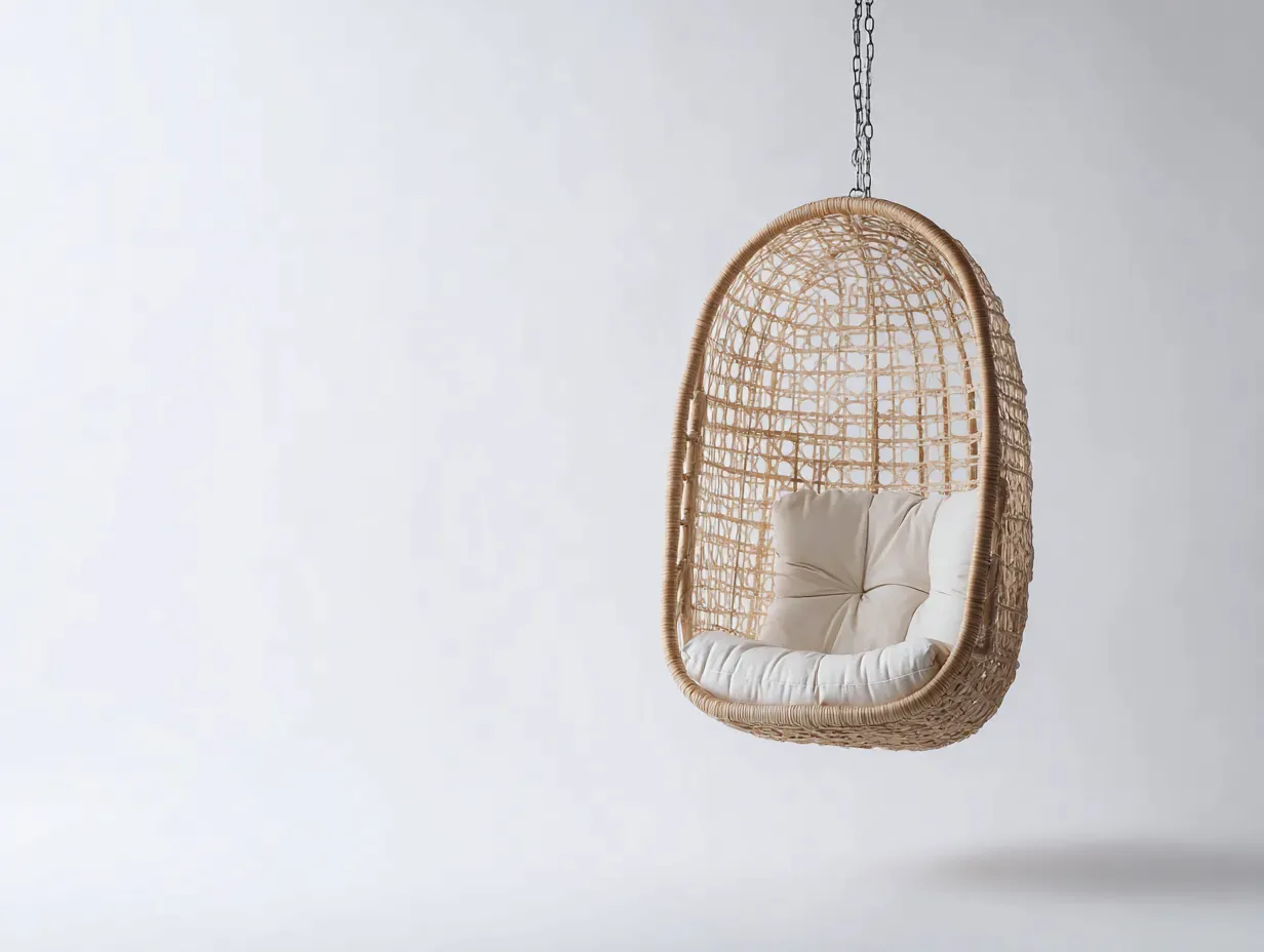 Hamaca colgante de ratán 98x73x122 cm - natural y blanco roto - para exterior con respaldo acolchado