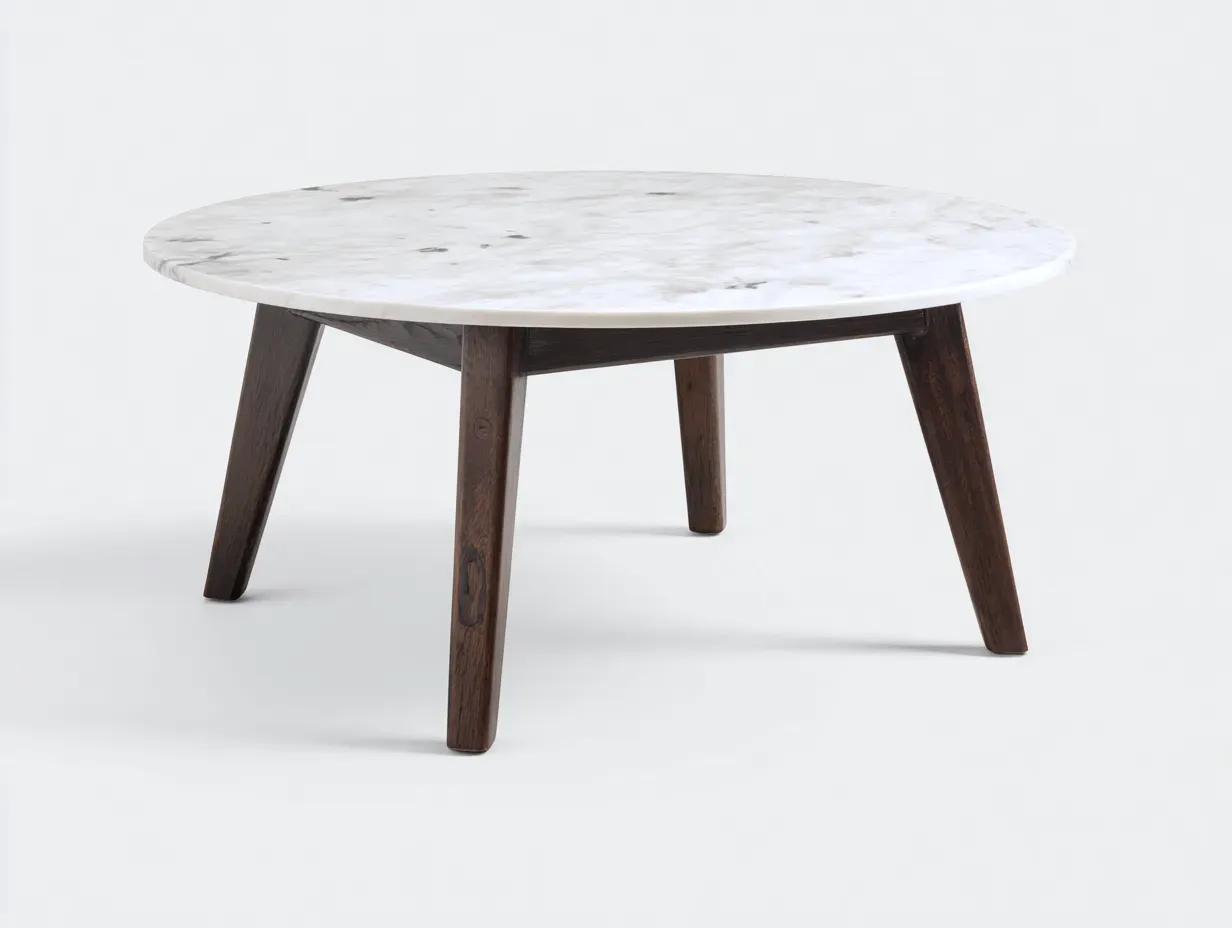 Mesa De Centro circular de mármol 90x90x42 cm - blanco y marrón nogal - para salón con base de madera geométrica