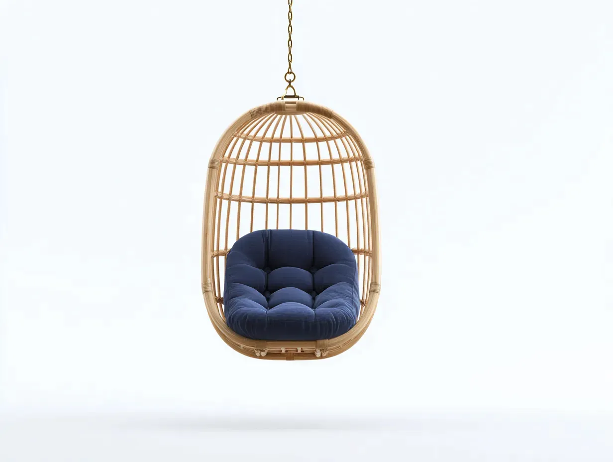 Hamaca colgante de ratán 98x72x123 cm - natural y azul marino - para exterior con asiento capitoné