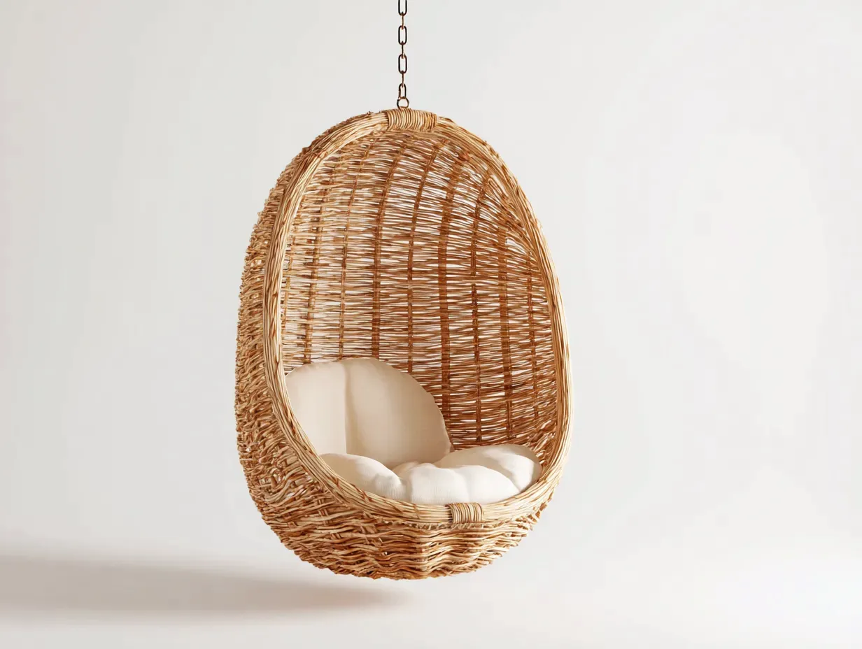 Hamaca colgante de ratán 94x68x116 cm - natural y crema - para exterior con cesto tejido