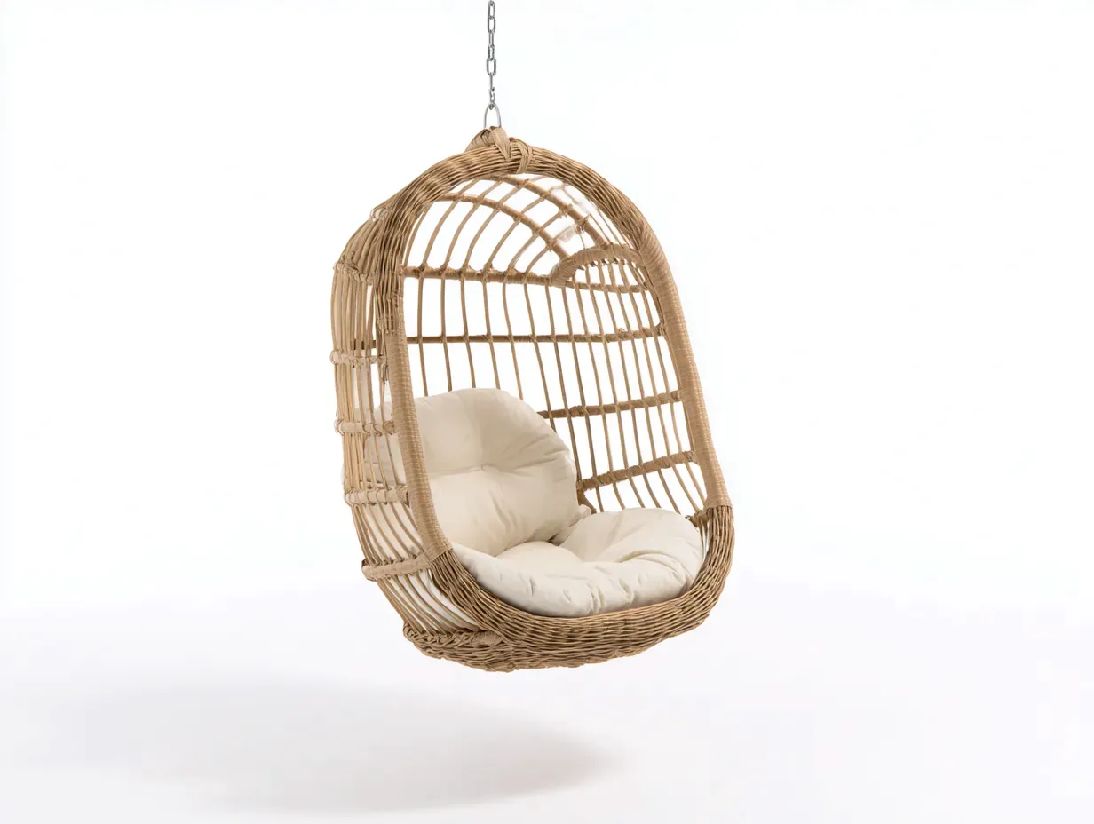 Hamaca colgante de ratán 94x77x123 cm - natural y blanco roto - para exterior con asiento mullido
