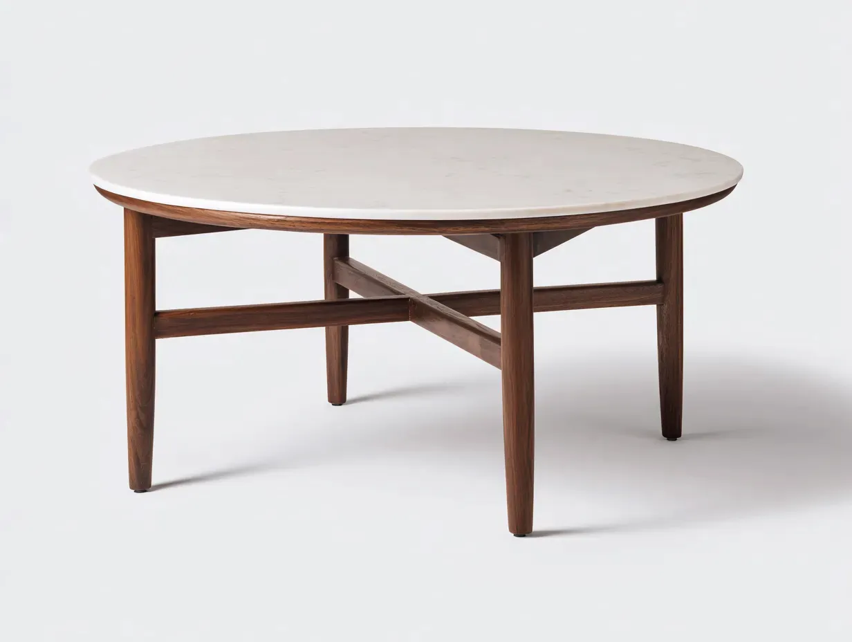 Mesa De Centro redonda mármol blanco y madera nogal 95x95x43 cm - salón elegante