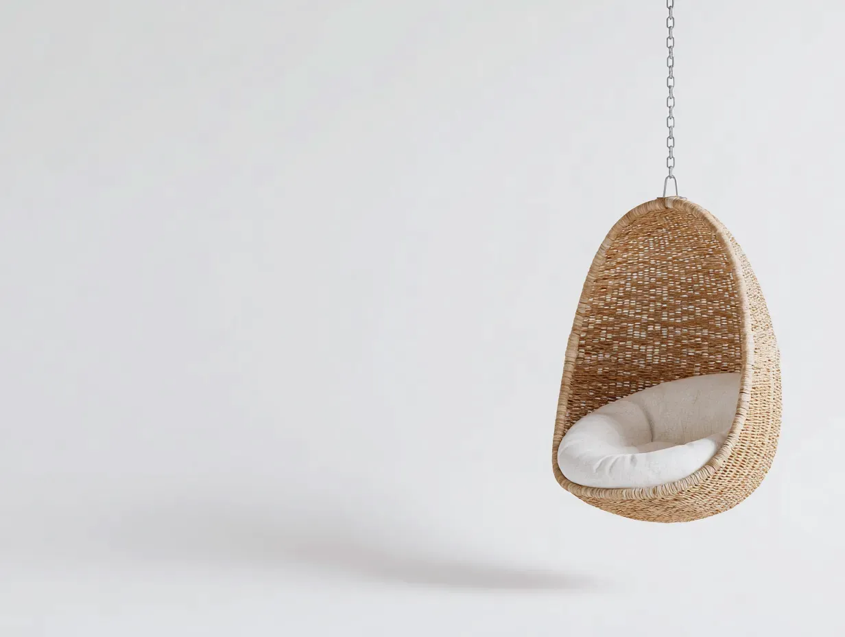 Hamaca colgante de mimbre 92x70x118 cm - natural y crema - para exterior con asiento acolchado