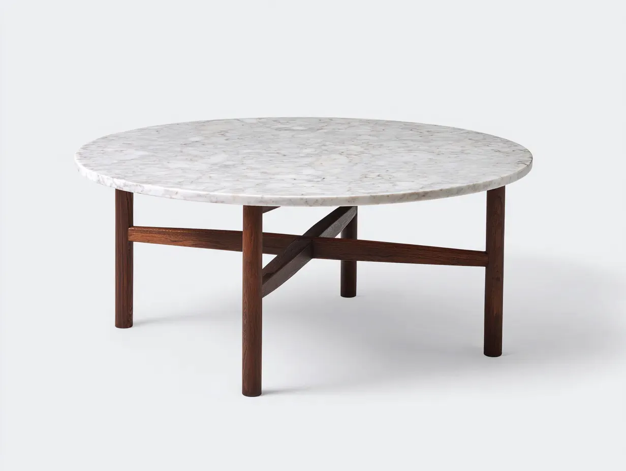 Mesa De Centro circular con efecto mármol 100x100x43 cm - blanco y marrón nogal - para salón con patas cilíndricas